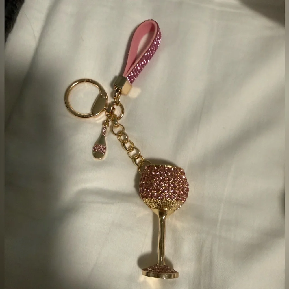 Keychain/Bag Charm Elegant Pink stones and Gold tone Wine Glass!